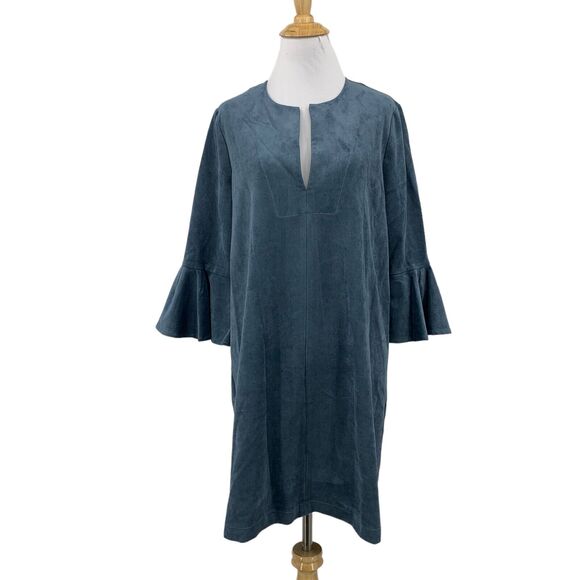 BCBGMaxazria Dress Womens S Small Blue Shift Split Neck Velvet Bell Sleeve Mini - Picture 1 of 12